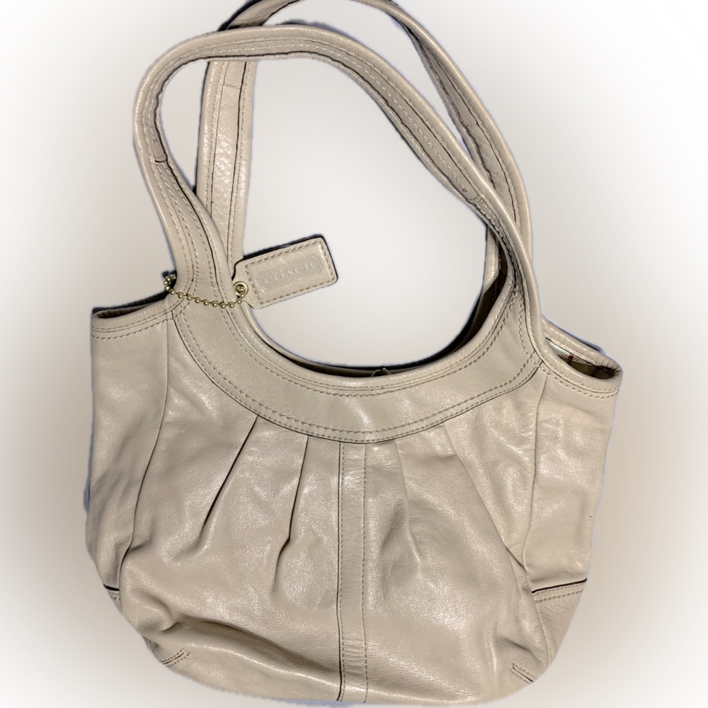 Coach Ergo Pleated Leather Tattersall Lining Hobo Shoulder Handbag Cream